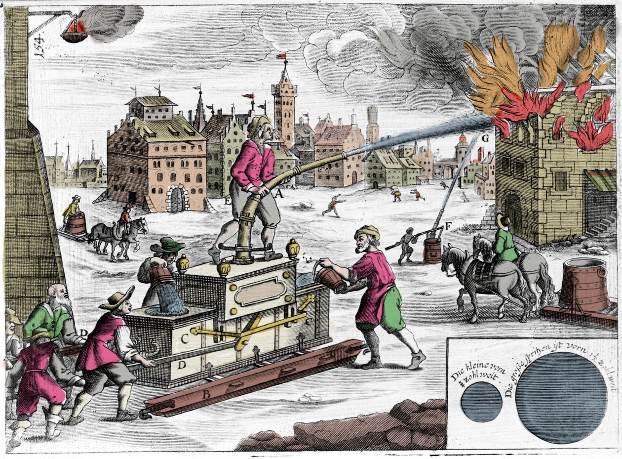 Bruk av brannpumpe av brannvesen. Gravering fra "" Theatrum Machinarum novum"" av Georg Andreas Bockler (1644-1698) av Unknown artist