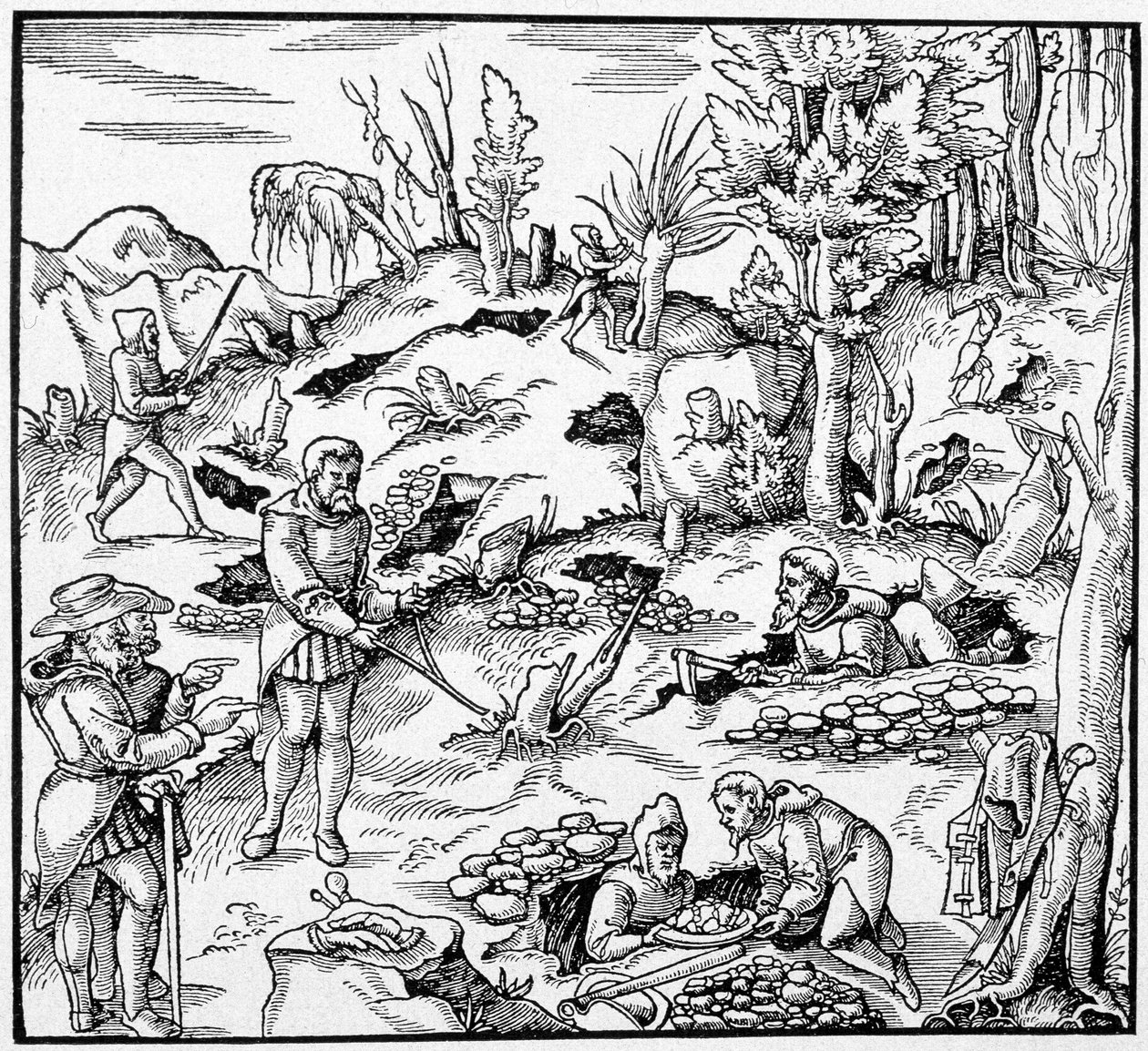 Bruk av den magiske bøtten til å lete etter jordens skatter - i "The Book of Mines"" av Agricola av Unknown artist