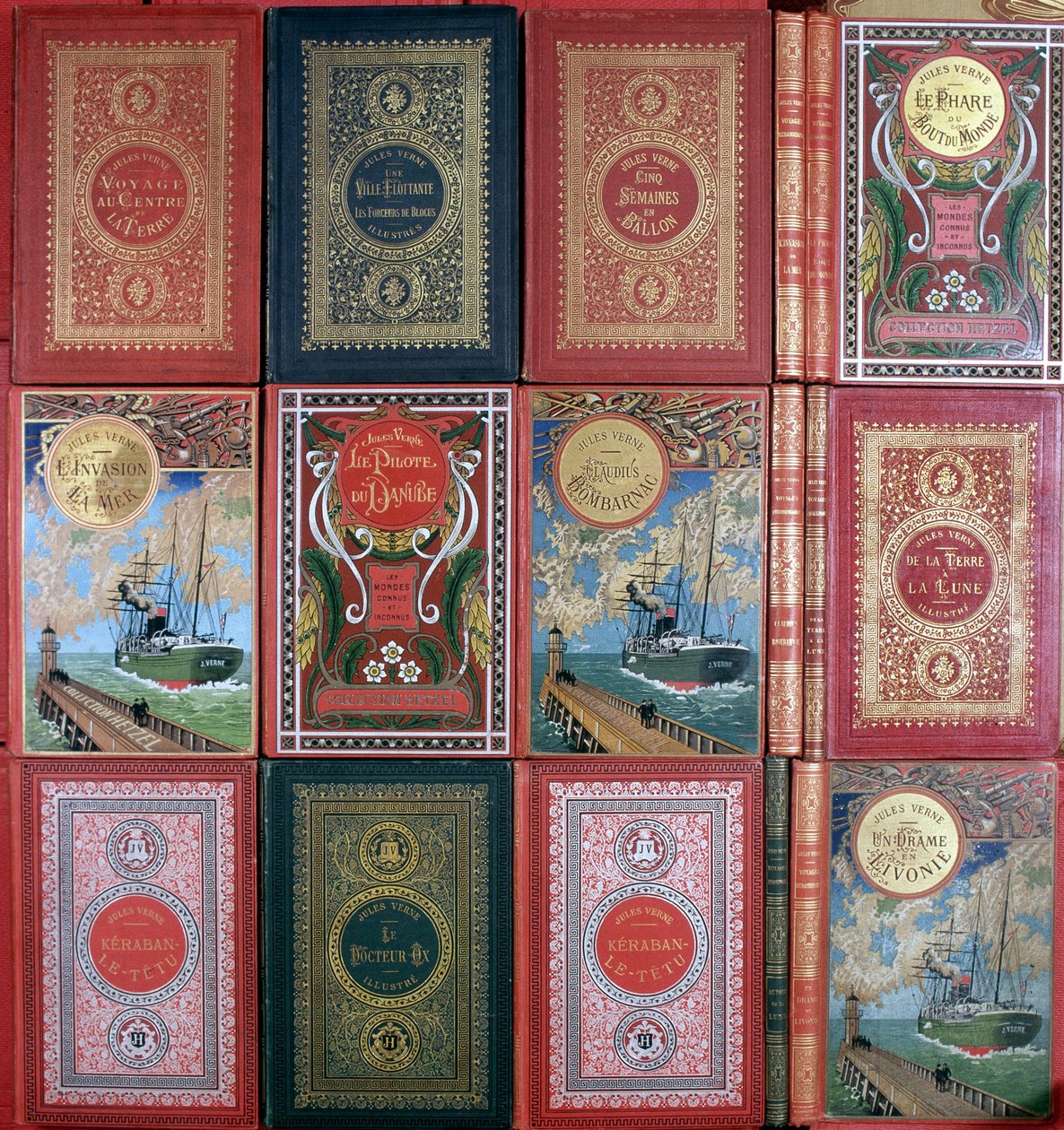Ulike omslag av Jules Vernes bøker utgitt i Hetzel-utgaver. Jules Verne biblioteksamling. Paris. av Unknown artist