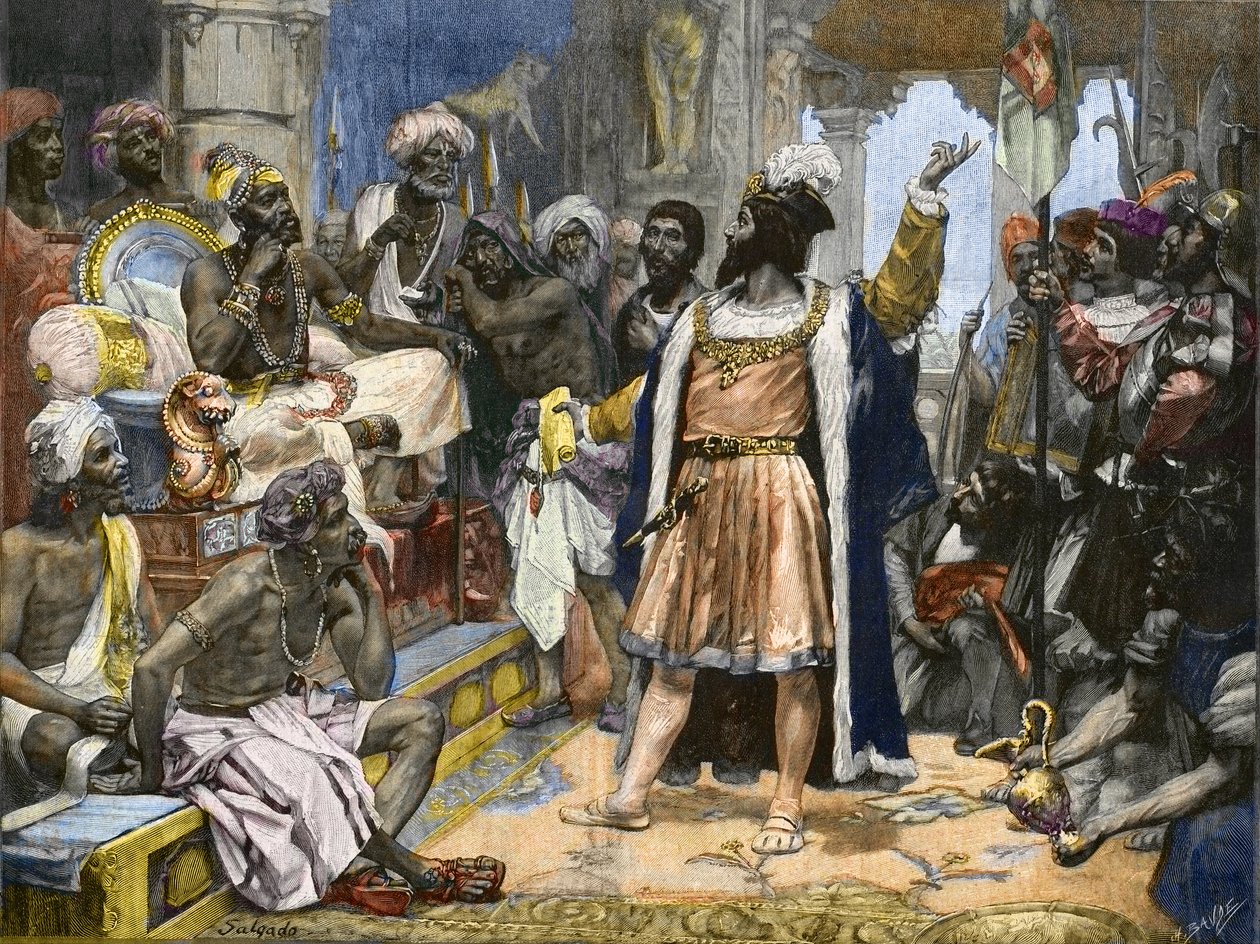 Vasco da Gama leverer brevet til kong Manuel av Portugal til Samorim av Calicut - etter maling, ca. av Unknown artist