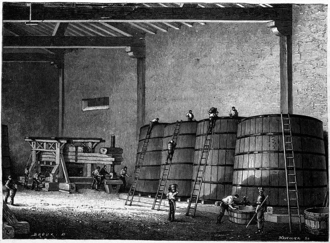 Kar og presse brukt i vinkjellerne i Burgund Clos Vougeot Gravering fra 1800-tallet av Unknown artist