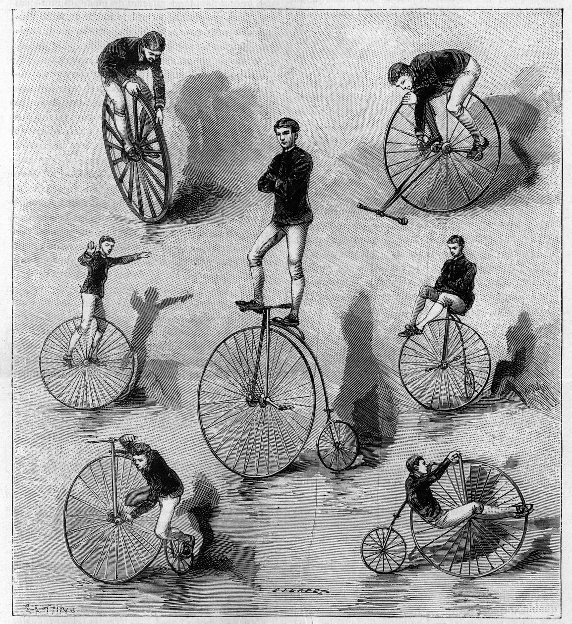 Velocipedic øvelser av amerikanske Dan Canary. Gravering i "" Nature: gjennomgang av vitenskapene og deres anvendelser på kunst og industri "" av 21. juli 1888. av Unknown artist