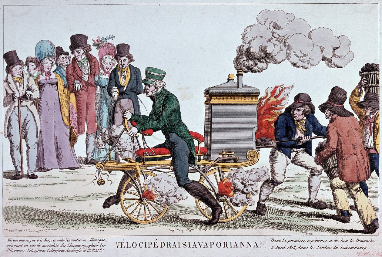 Velocipedraisiavaporianna: dampvelocipede - gravering rundt 1818, Bibl. av byen Paris. av Unknown artist