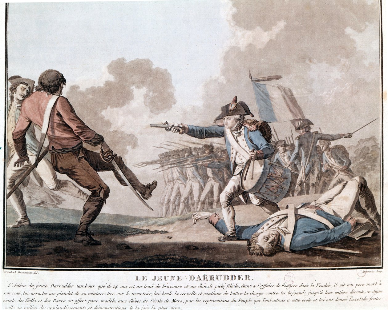 Vendées opprør: den unge Darruder. Dette er et eksempel på patriotisk heltemot siden Darruder var en 14 år gammel gutt som tok våpenet til faren som lå død for å drepe leiemorderen og fortsette kampen. 1793. av Unknown artist