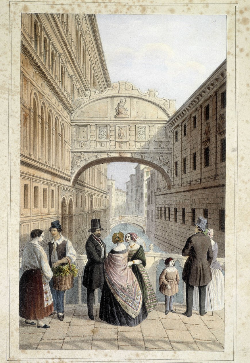 Venitiens sur le pont des soupirs (sukkenes bro) - i "" Album des principales views de Venise "", ill. av Marco Moro, red. Gio Brizeghel, v.1840 av Unknown artist