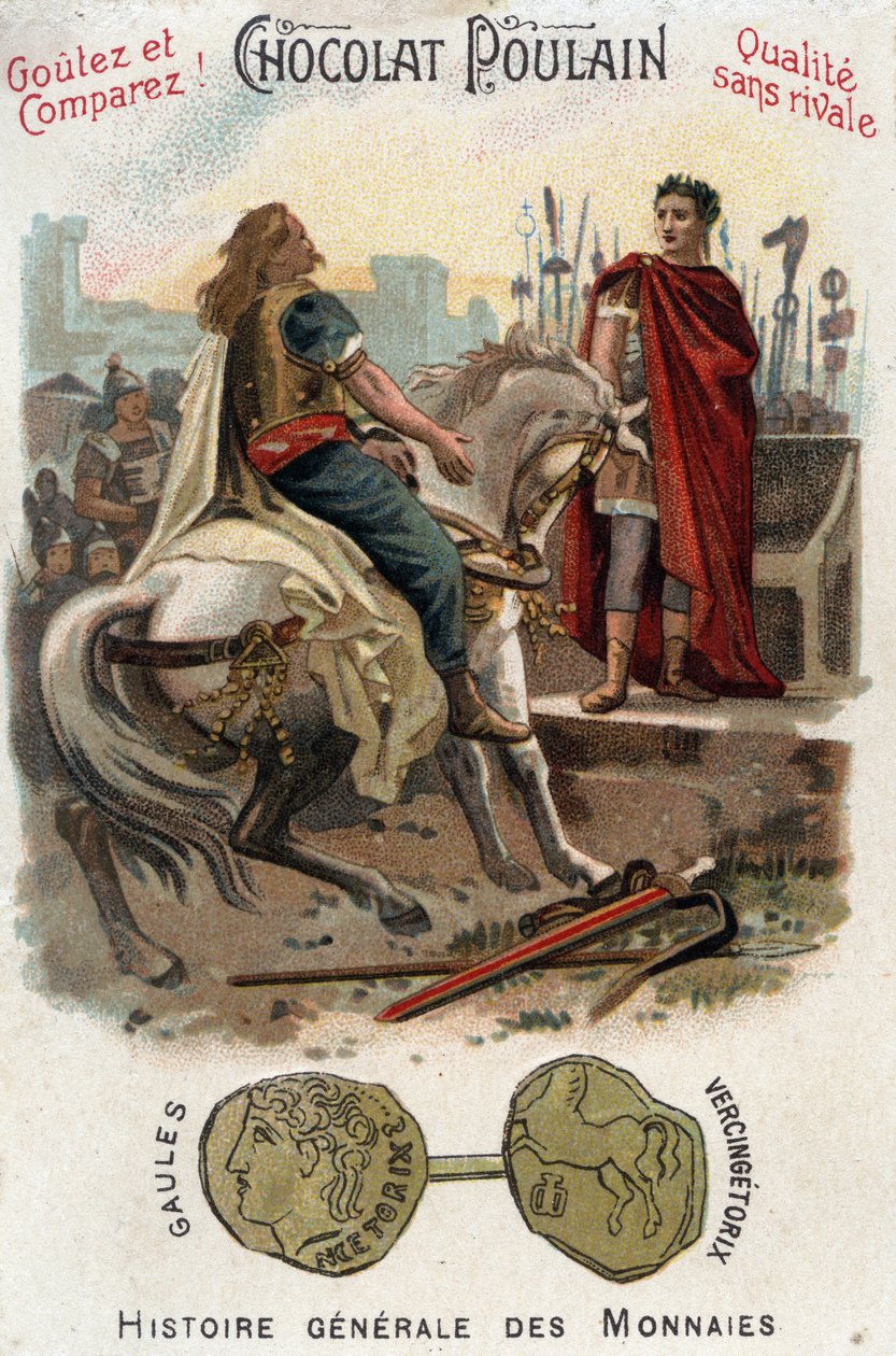 Vercingetorix (72-46 BC), leader of the Gallic rebellion, lays down arms at the feet of Cesar (100-44 BC), after definitively losing the city of Alesia - In General History of Coins - Chocolate-Foal Chromolithography of the late 19th century - Private Coll av Unknown artist