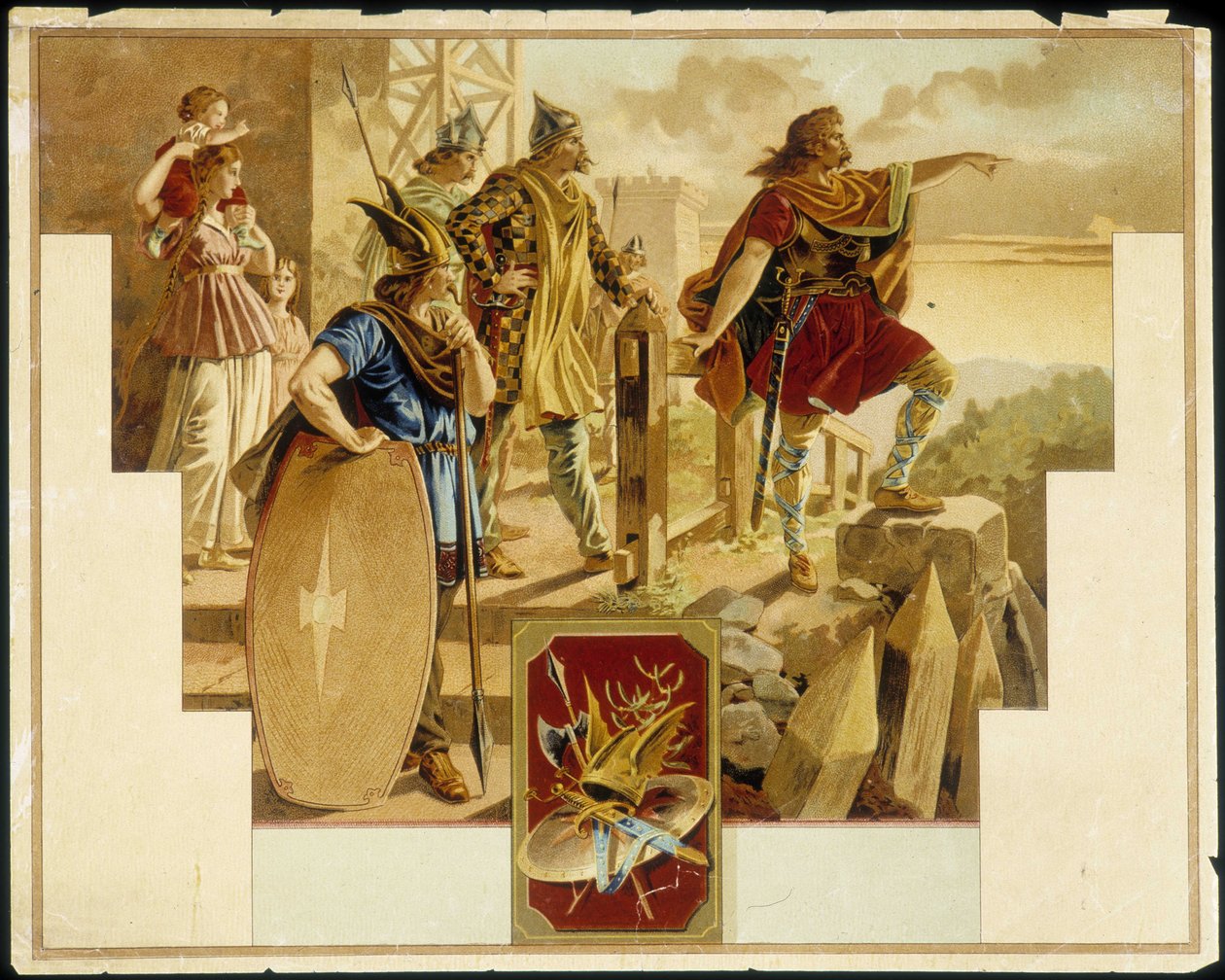 Vercingétorix omgitt av gallere, krigere, kvinner og barn - Kromolitografi av Unknown artist