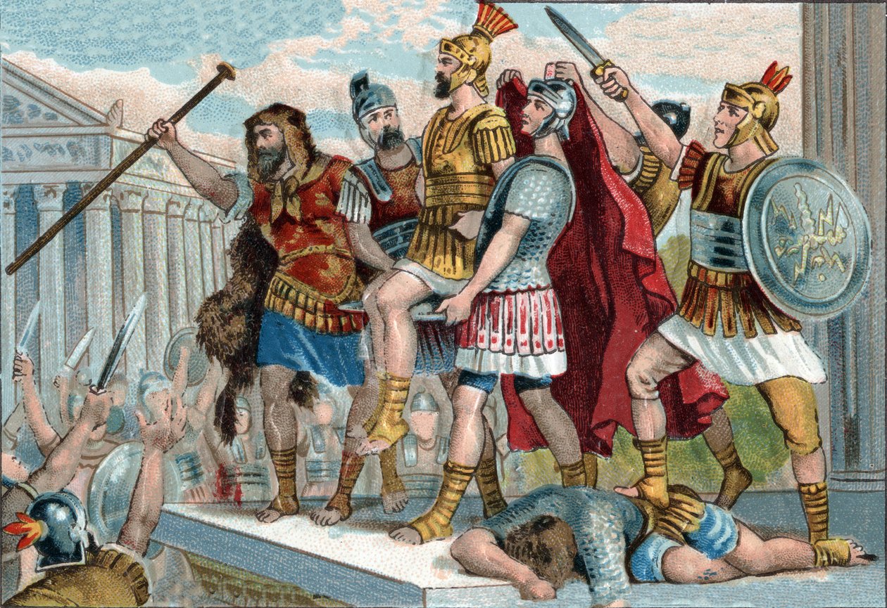 Vespasian (in Latin Titus Flavius Vespasianus) (9-79) was proclaimed emperor by his soldiers. Chromolithography around 1890. av Unknown artist