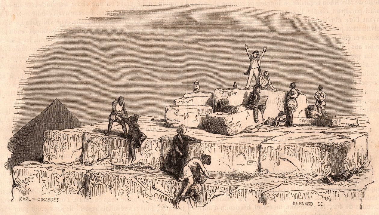 Utsikt fra toppen av den store pyramiden i Khufu: en gruppe europeere som ankommer toppen hjulpet av egyptere av Unknown