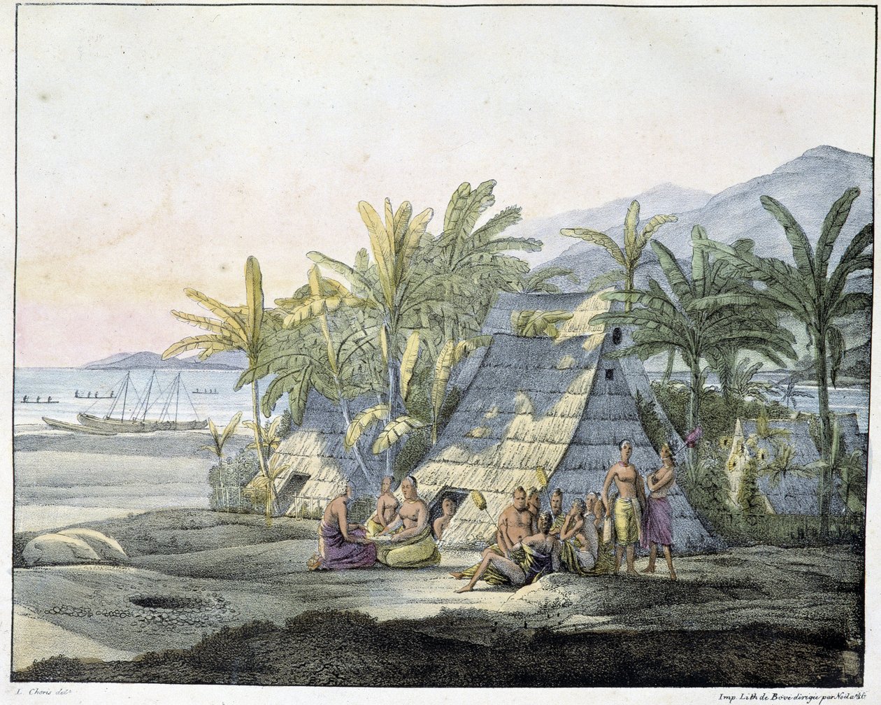 Utsikt på Sandwichøyene - i "" Utsikt og landskap av jevndøgnregionene, samlet på en reise rundt i verden"", sd. tidlig på 1800-tallet av Unknown artist