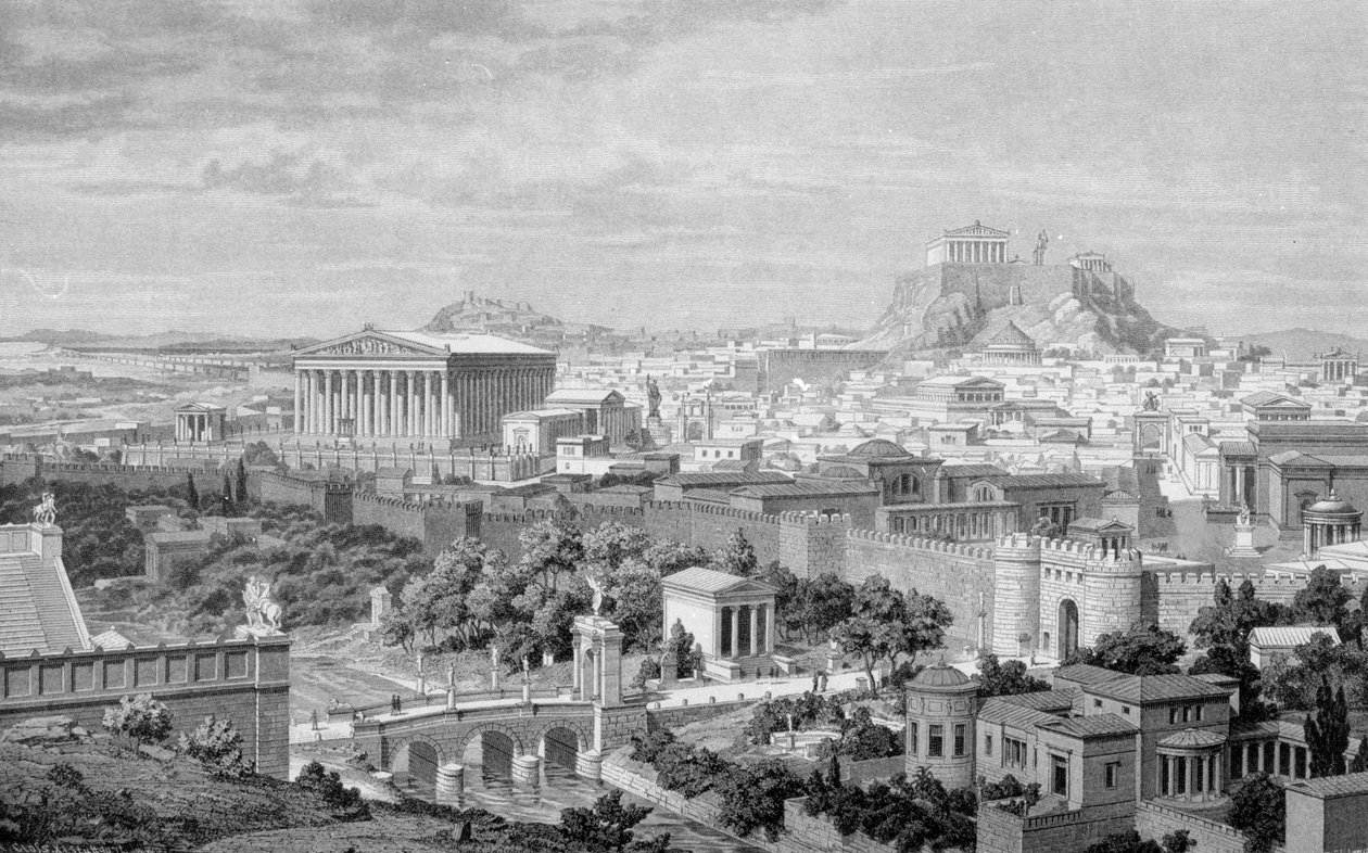 Utsikt over Athen, Hadrians tempel og Akropolis. av Unknown artist