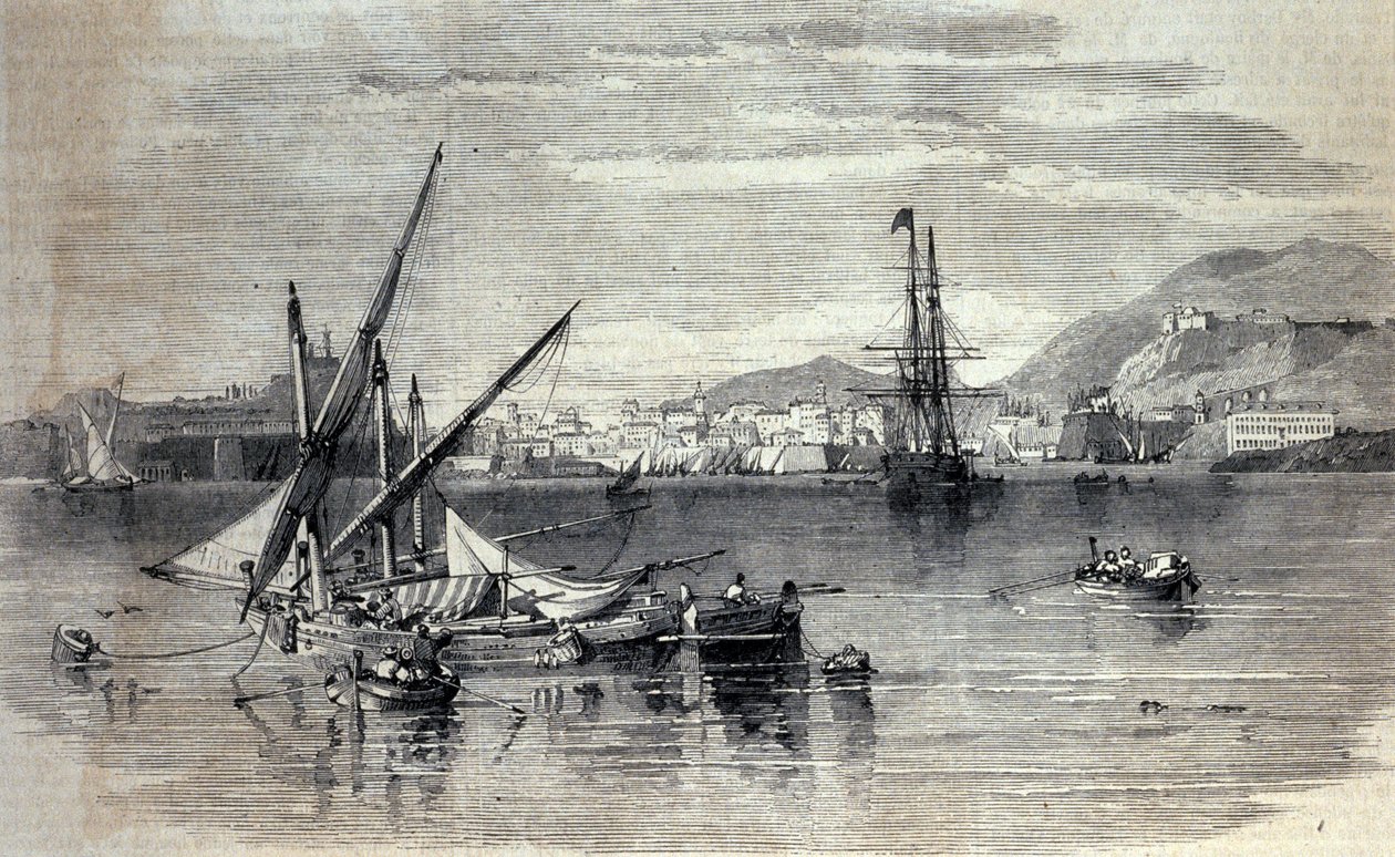 Utsikt over Korfu i Hellas fra øya Vido. Gravering fra begynnelsen av 1800-tallet av Unknown artist