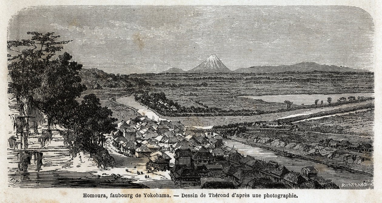 Utsikt over Homoura, forstaden til Yokohama, med Fuji-fjellet i bakgrunnen. Gravering for å illustrere reisen til Japan i 1863-1864, av Aime Humbert, minister for det sveitsiske konføderasjonen, i "Le tour du monde, nouveau journal des voyages", utgitt und av Unknown artist