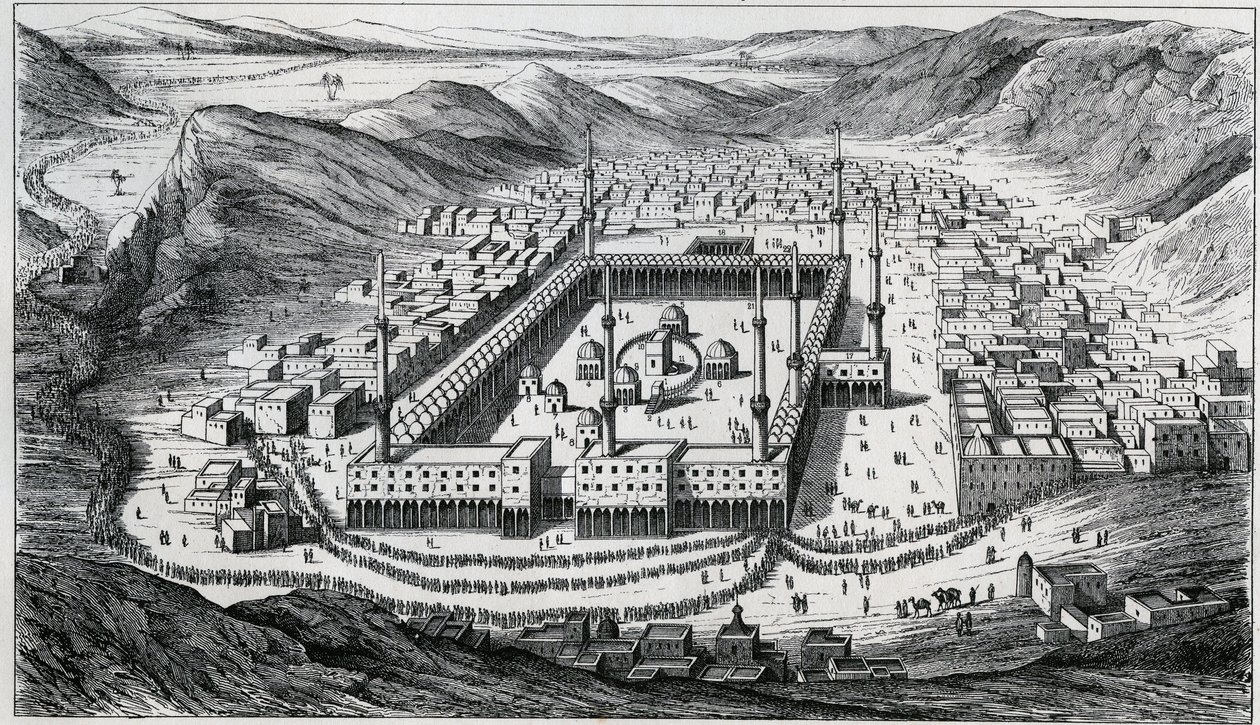 Utsikt over Mekka og dens store moske på tidspunktet for pilegrimenes besøk - gravering fra 1800-tallet av Unknown artist