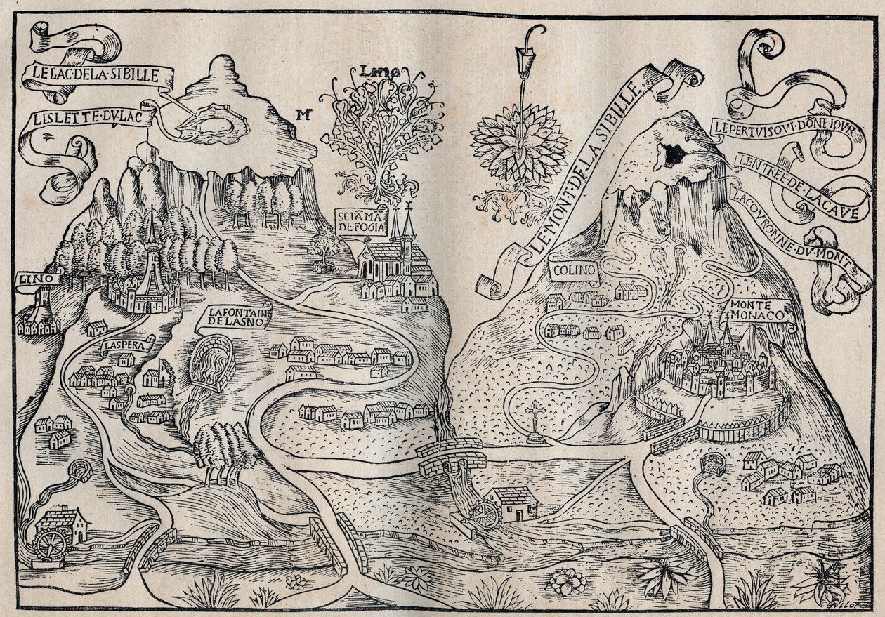 Utsikt over Mount Sibille (Paradise of Queen Sybille) (Dobbelt kart over Mount Pilatus og Mount Sibyl) - Antoine de La Sale (La Salle) fransk satirisk forfatter fra 1400-tallet. av Unknown artist