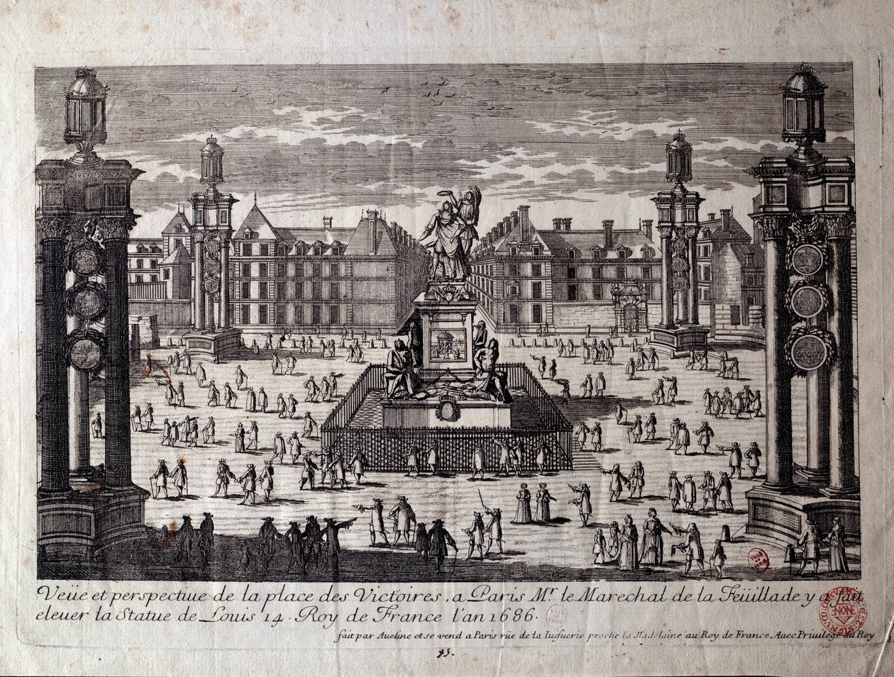 Utsikt over Place des Victoires i Paris med statuen av Ludvig XIV reist av marechal de la Feuillade i 1686. Gravering av Paris fra 1600-tallet, Musee Carnavalet av Unknown artist