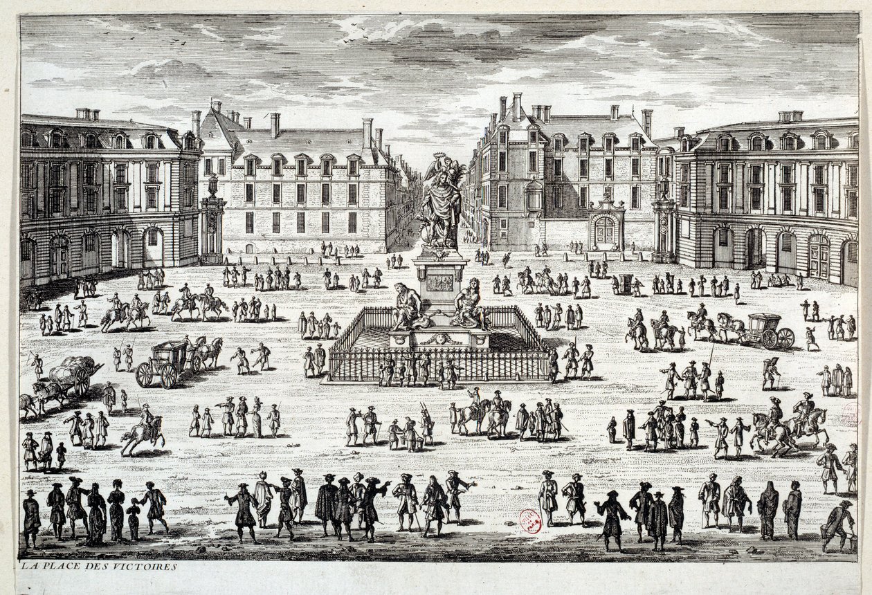 Utsikt over Place des Victoires i Paris med statuen av Ludvig XIV reist av marechal de la Feuillade i 1686. Gravering av Paris fra 1600-tallet, Musee Carnavalet av Unknown artist