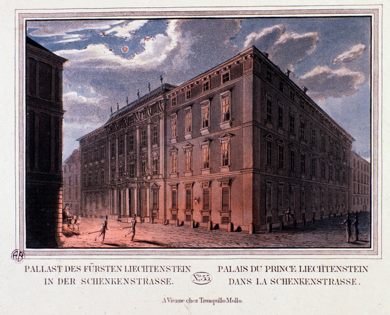 Utsikt over prins Lichtensteins palass i Wien, Østerrike. Gravering fra 1820 Privat samling av Unknown artist