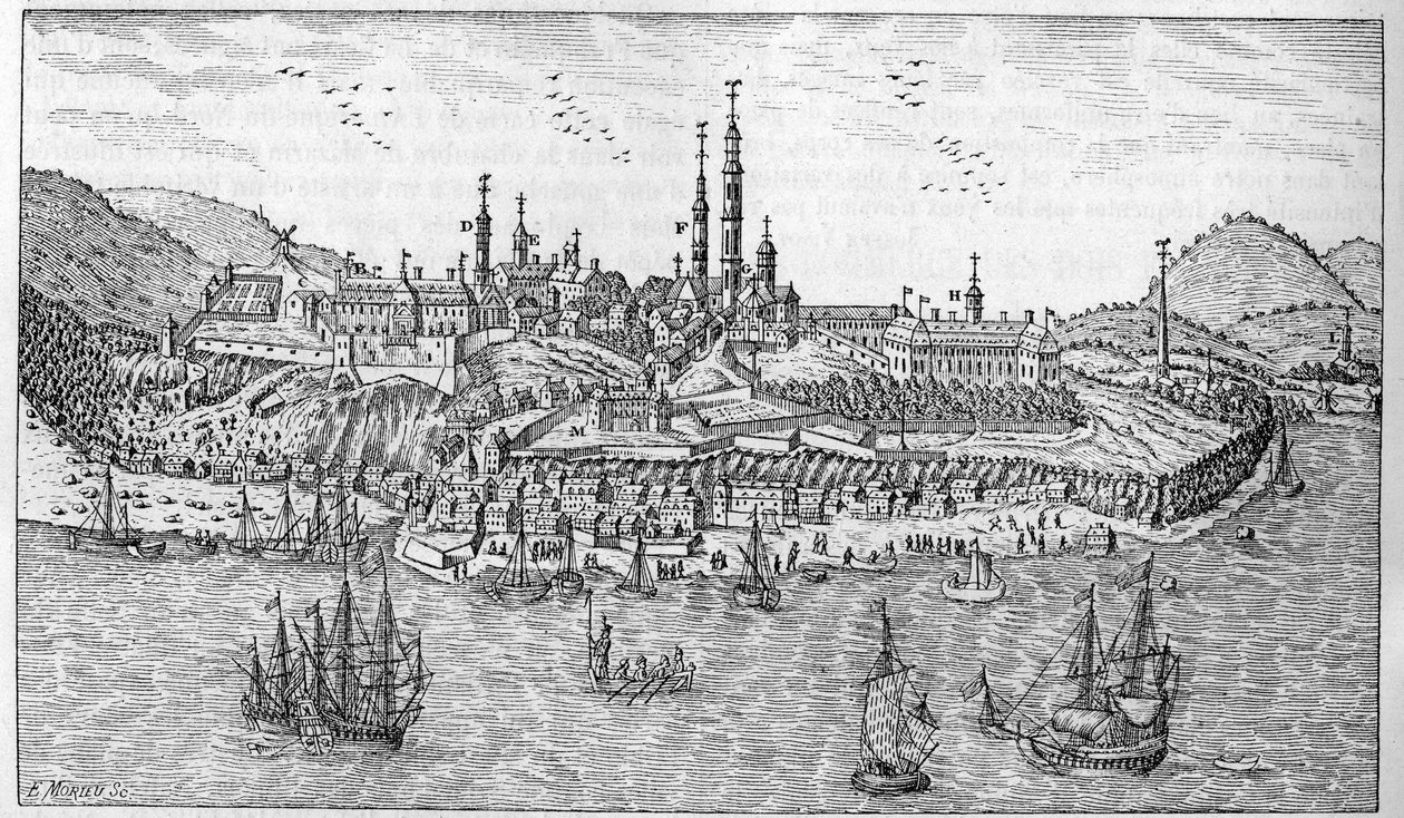 Utsikt over Quebec City i Canada (slutten av 1600-tallet): A. Jardin du fort. B. Fortet. C. Pulverlager. D. Les Recollets. E. Ursulines. F. Jesuitene. G. Katedralen. H. Seminaret. I. Hotel Dieu. L. Generelt sykehus. Mr. L