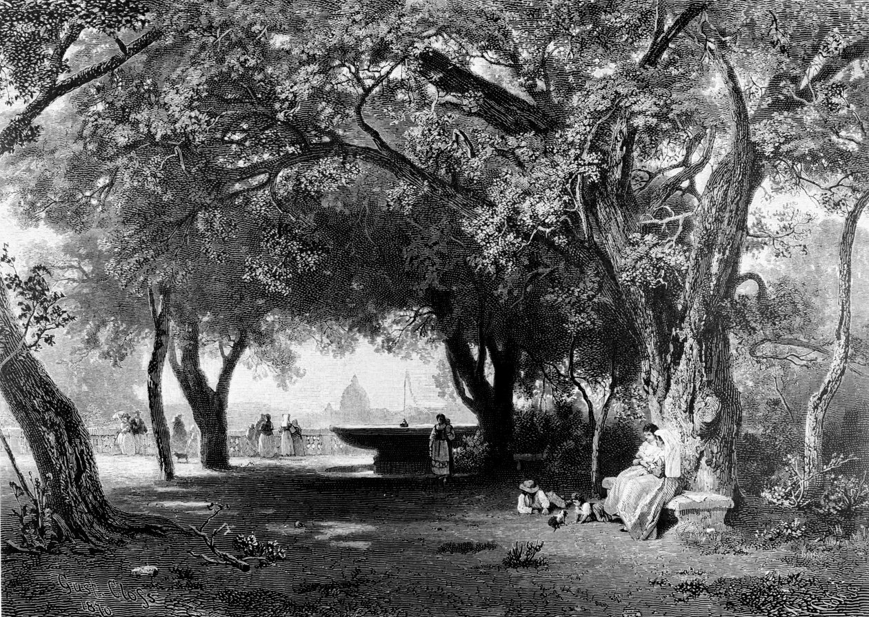 Utsikt over Roma fra Pincio hvor Villa Medici står. I bakgrunnen ser vi kuppelen til St. Peter. Gravering, ca 1840. av Unknown artist