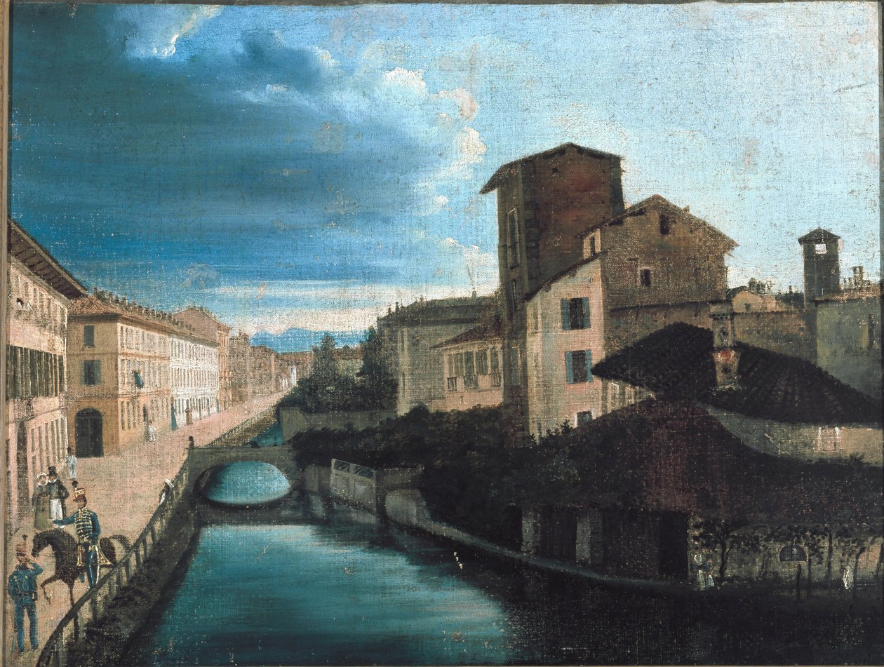 Utsikt over San Gerolamo-kanalen i Milano (olje på tre av Unknown artist