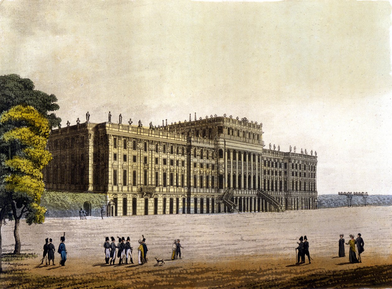 Utsikt over Schönbrunn slott, tidligere residens for den østerrikske keiserfamilien, Wien, Østerrike, gravering rundt 1830 av Unknown artist