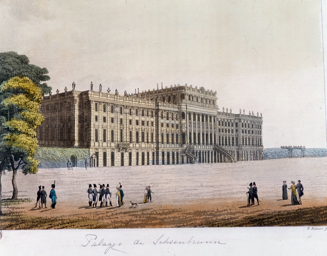 Utsikt over Schönbrunn-palasset (Schoenbrunn) i Wien, Østerrike. Gravering fra 1826 Privat samling av Unknown artist