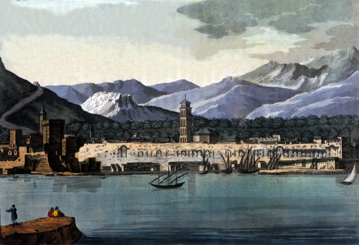Utsikt over Split (Spalato), Kroatia, fra havet. Akvarell fra begynnelsen av 1800-tallet av Unknown artist