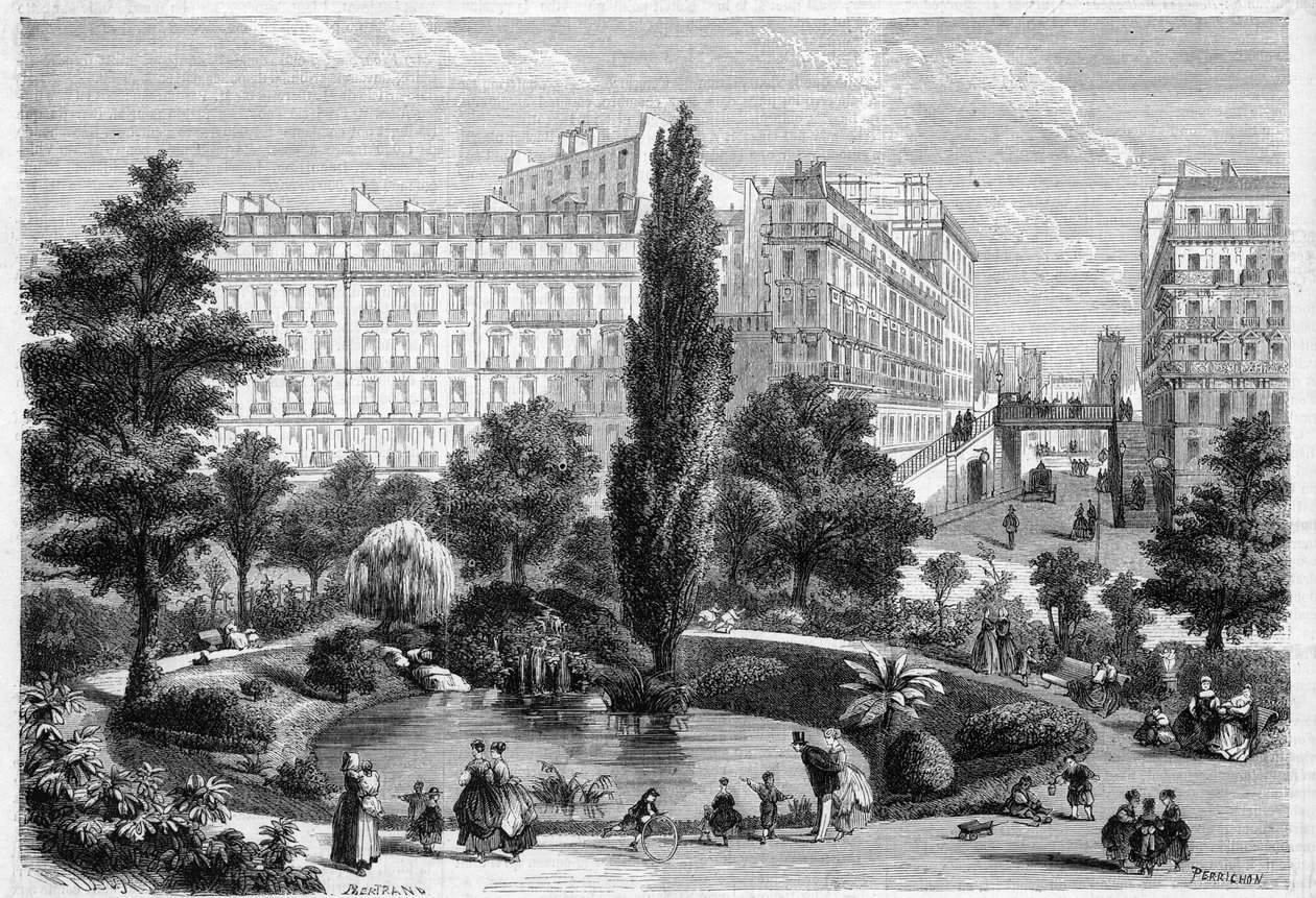 Utsikt over Square Montholon og broen til Rue Bellefond i Paris i 9. arrondissement. Gravering i "The Universe illustrious" av Unknown artist