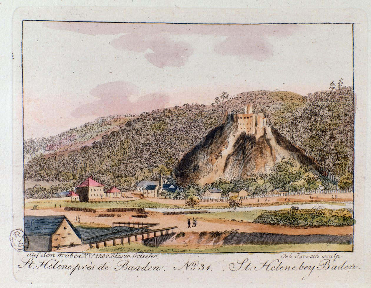 Utsikt over St. Helene (St. Helene) i Baden, Østerrike. Gravering fra 1815 Privat samling av Unknown artist