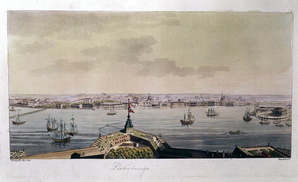 Utsikt over St. Petersburg sent på 1700-tallet - i "" Den gamle og moderne drakten"" av Ferrario av Unknown artist