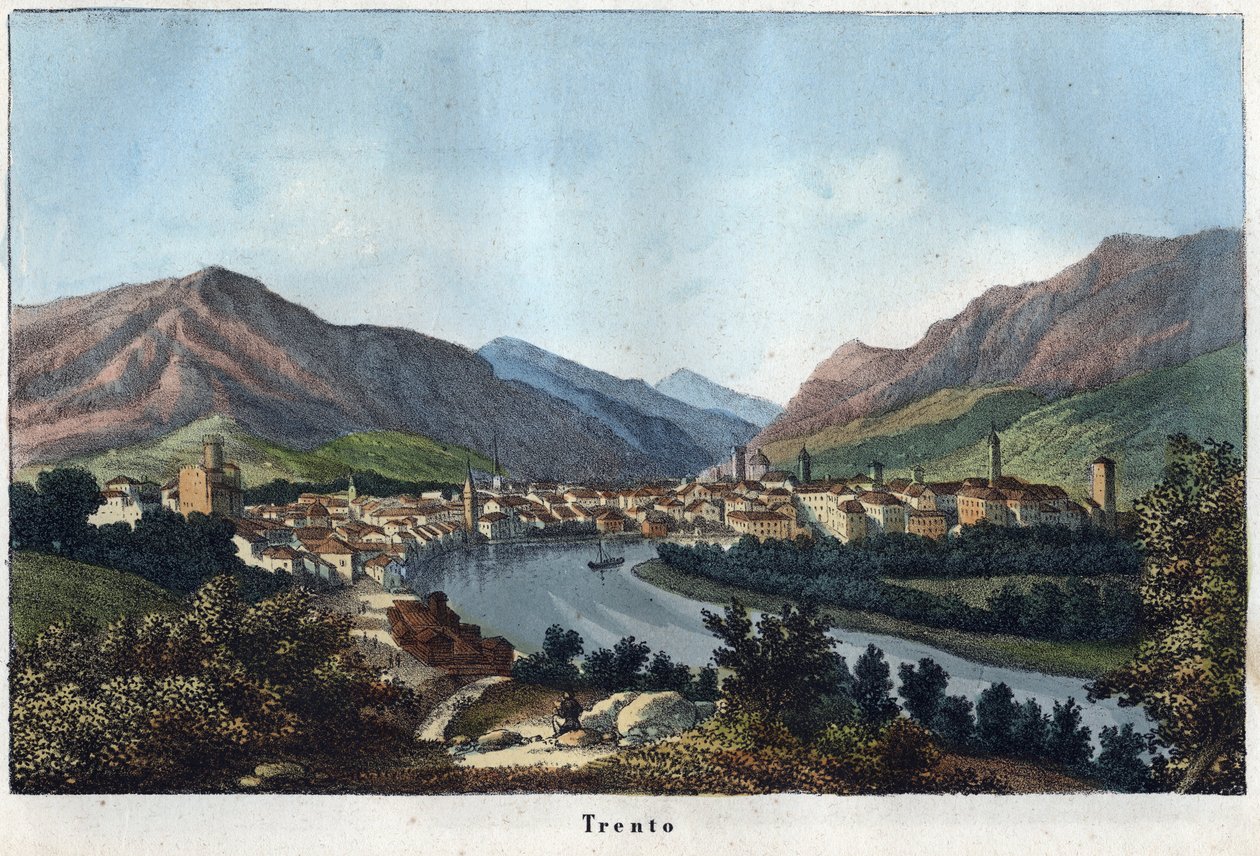 Utsikt over Trento (Sør-Tirol, Italia) (Trento) - 1800-tallet - gravering fra "" Bruk og skikker til alle folkeslag i universet. Det er historien om regjeringen, lovene, militsen, om religionen til alle nasjoner fra de fjerneste tider og opp til dagene av Unknown artist