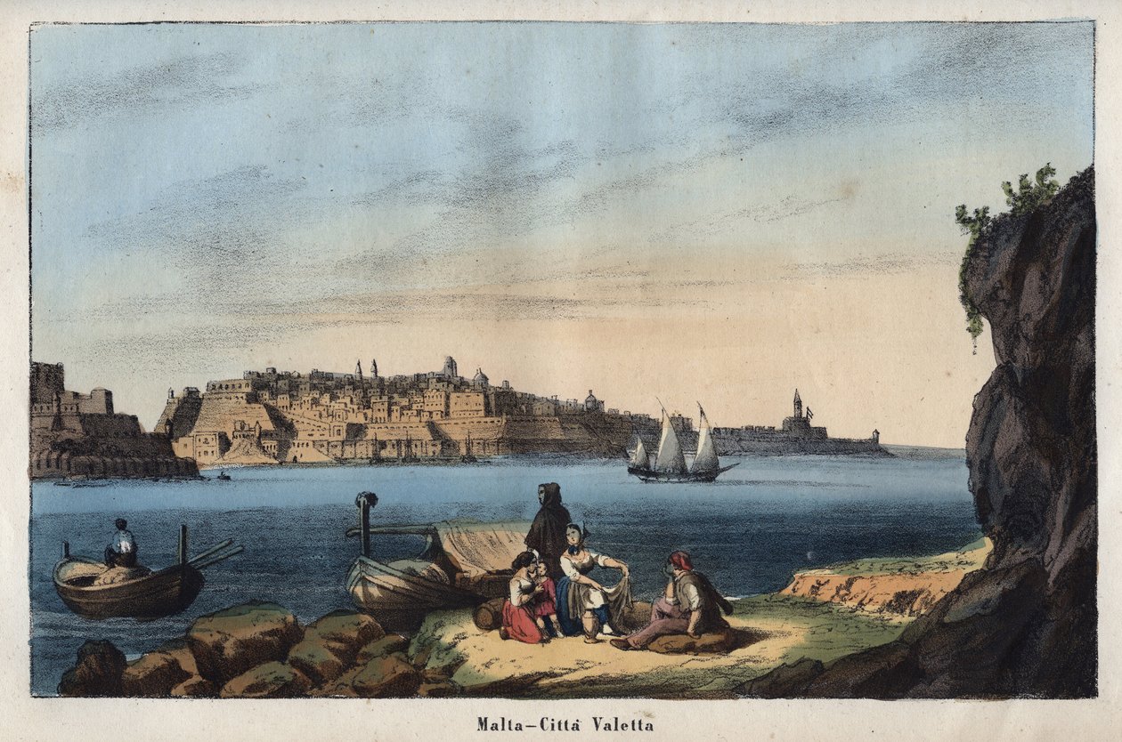 Utsikt over Valletta (Malta) på 1800-tallet - gravering fra "" skikker og tradisjoner til alle folkeslag i universet. Det vil si historien om regjeringen, lovene, militsen, om religionen til alle nasjoner fra de fjerneste tider til i dag "1856 av Unknown artist