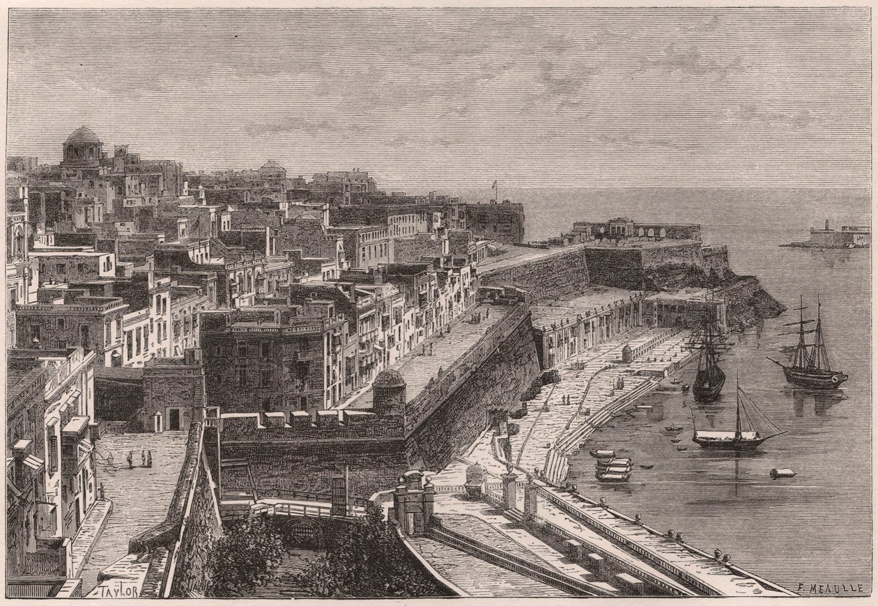 Utsikt over Valletta og havnen på XIX århundre av Unknown