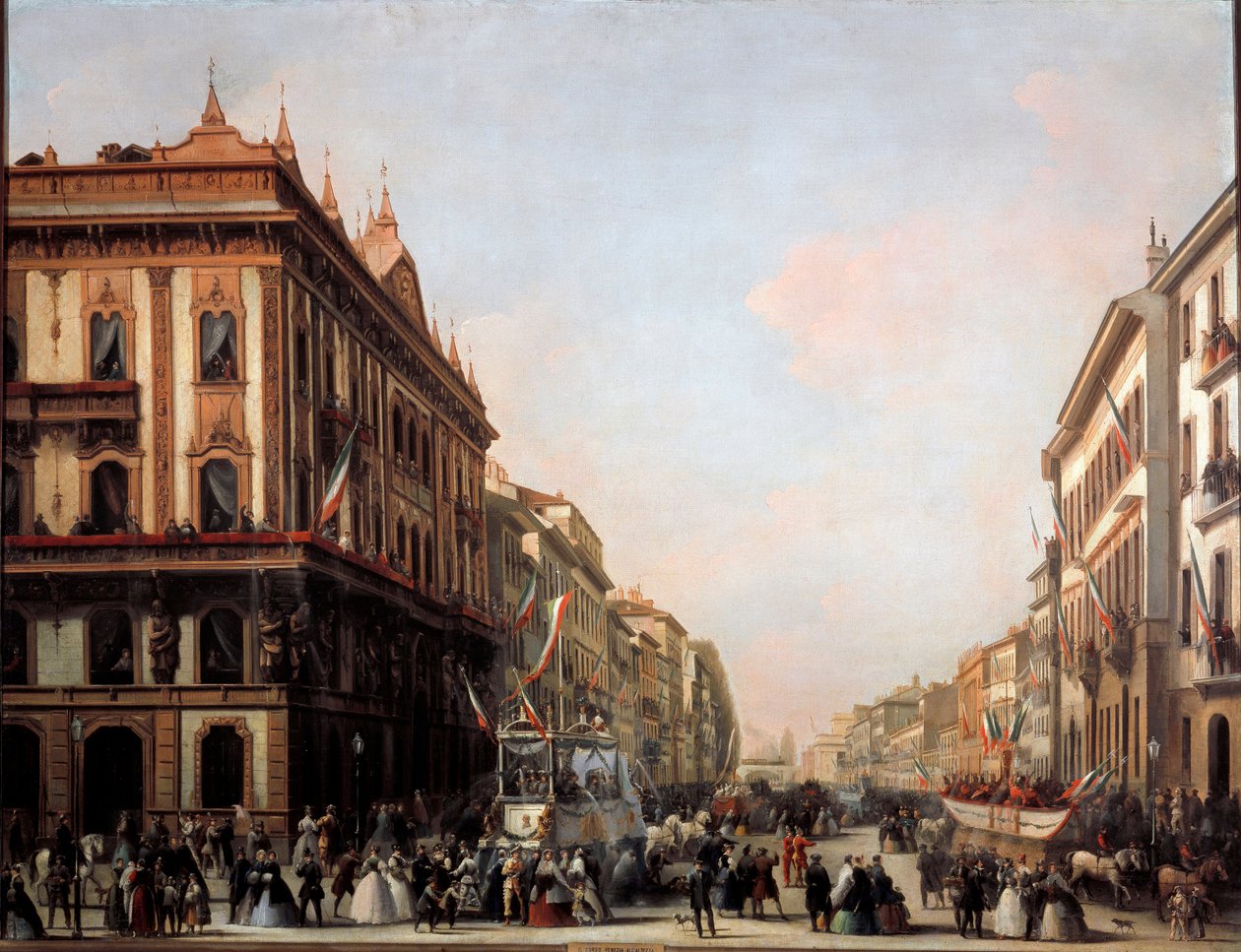 Utsikt over gaten Venezia med karnevalsflåte, Milano (maleri av Unknown artist