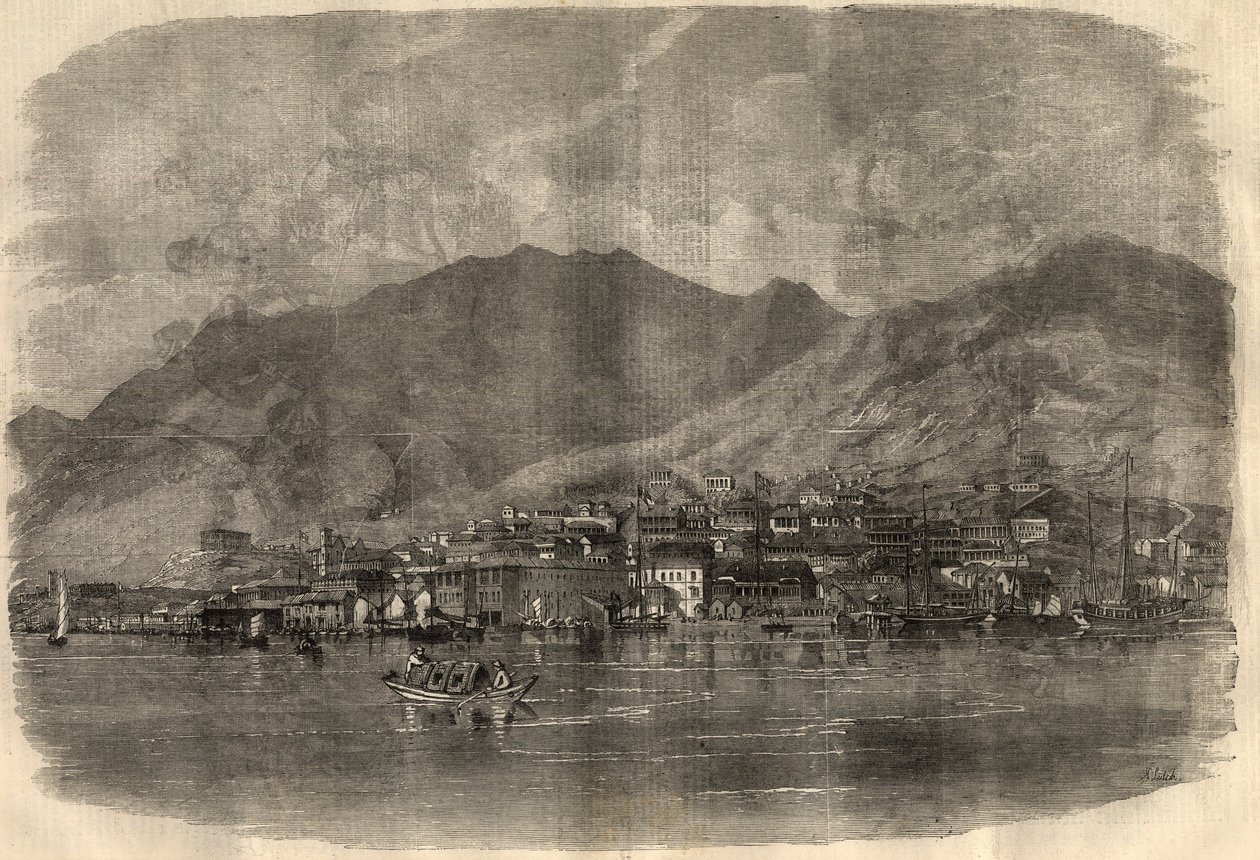 Utsikt over Victoria City i Hong Kong. Gravering i "" The Illustrated London News"" av 14. mars av Unknown artist