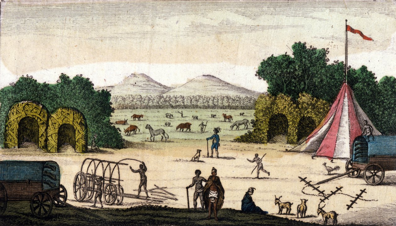 Utsikt over en nederlandsk leir (fra Pioneers Boers eller Voortrekkers, Afrikaners) i Pampoen Kraal (Pampoen-Kraal), Cape Province, Sør-Afrika. 1860 av Unknown artist