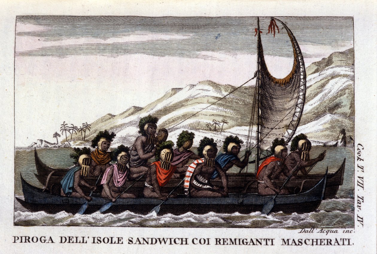 Utsikt over en kano med seil fra Hawaii-øyene i Polynesia, mannskapet bærer typiske masker. Litografi fra begynnelsen av 1800-tallet av Unknown artist