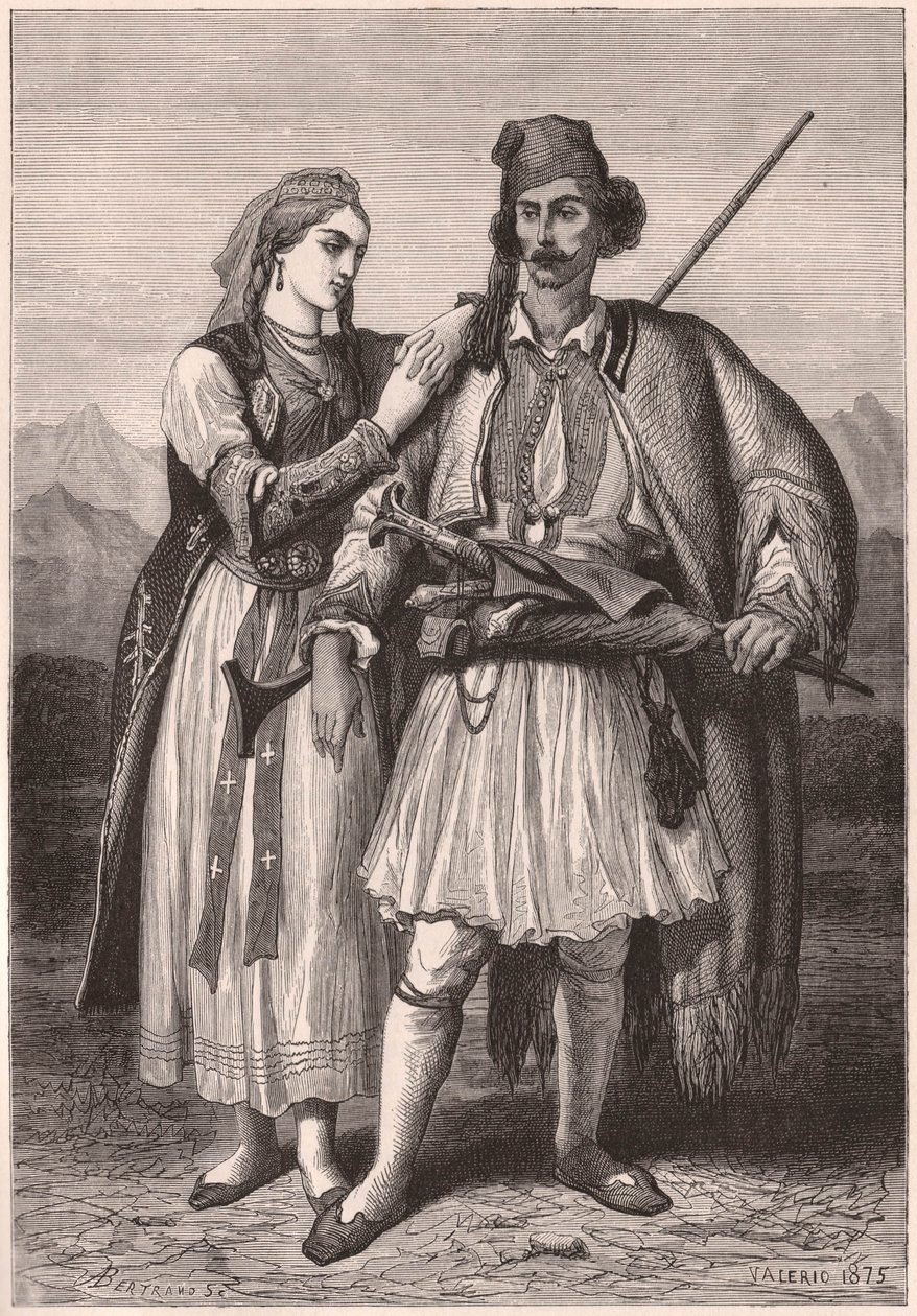 Utsikt over et par i albansk tradisjonell drakt på XIX århundre av Unknown