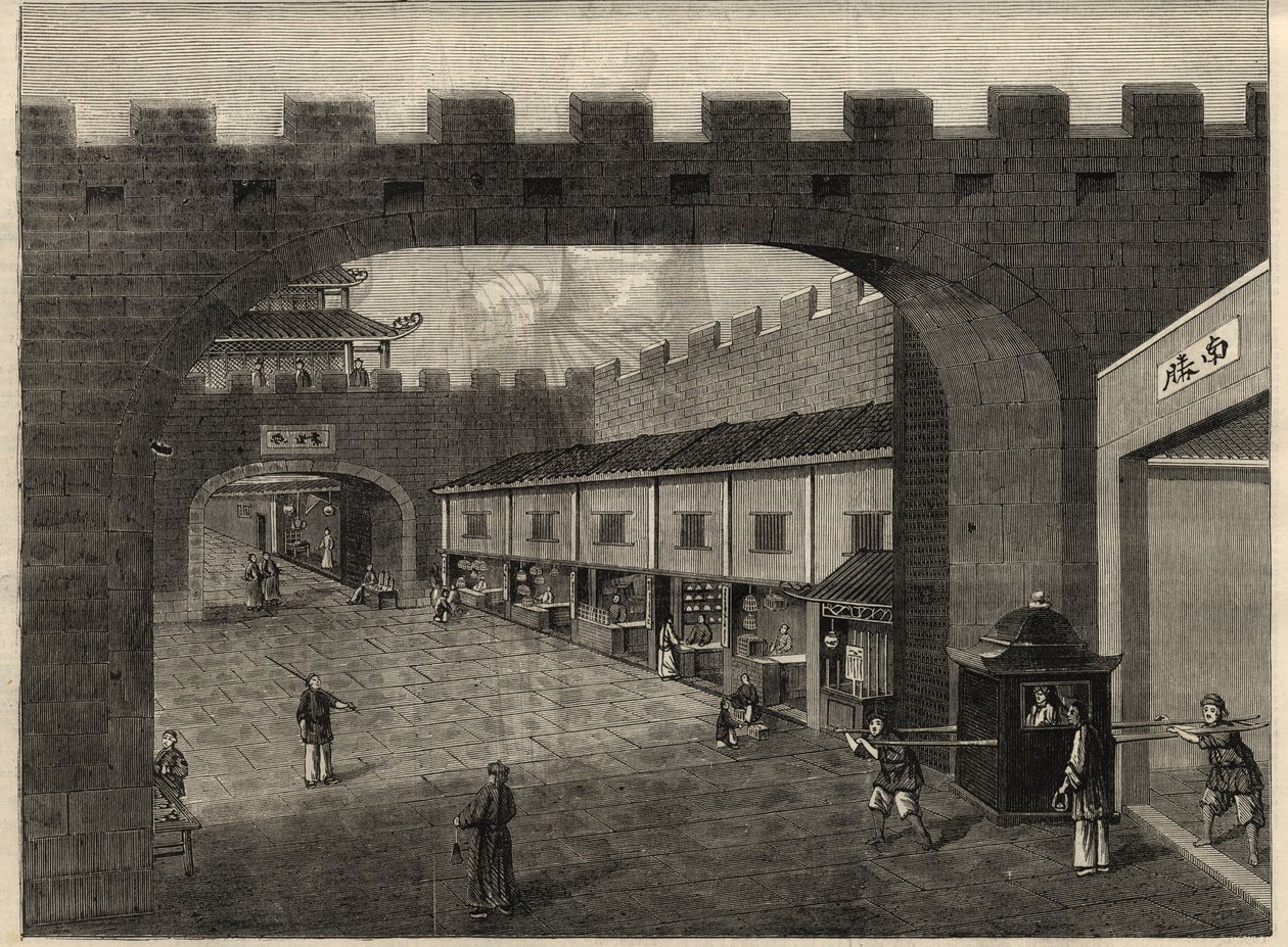 Utsikt over en gate i bymurene i Guangzhou, Kina. Gravering i ""The Illustrated London News"" av 14. februar 1857. av Unknown artist