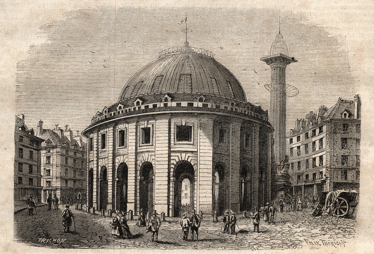 Utsikt over halle au ble i Paris (bygget i 1763-1769) og Medici-søylen, gravering fra begynnelsen av 1800-tallet - hvete- og maisutveksling i Paris (bygget i 1763-1769), gravering tidlig på 1800-tallet - Vue de la Halle au ble, plassert på det nåværende Ho av Unknown artist