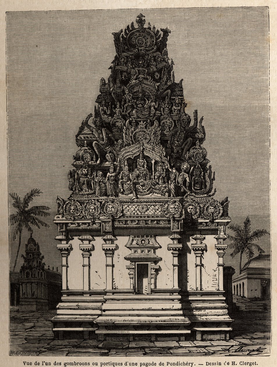Utsikt over en av gombrooonene eller portikoene til en pondichery-pagode (Pondicherry) (India). Gravering for å illustrere en ekspedisjon til pagoden Chillambaran (Coromandel cote), fra 1838 til 1844, av kontraadmiralen Paris, direktør for depot des cartes av Unknown artist
