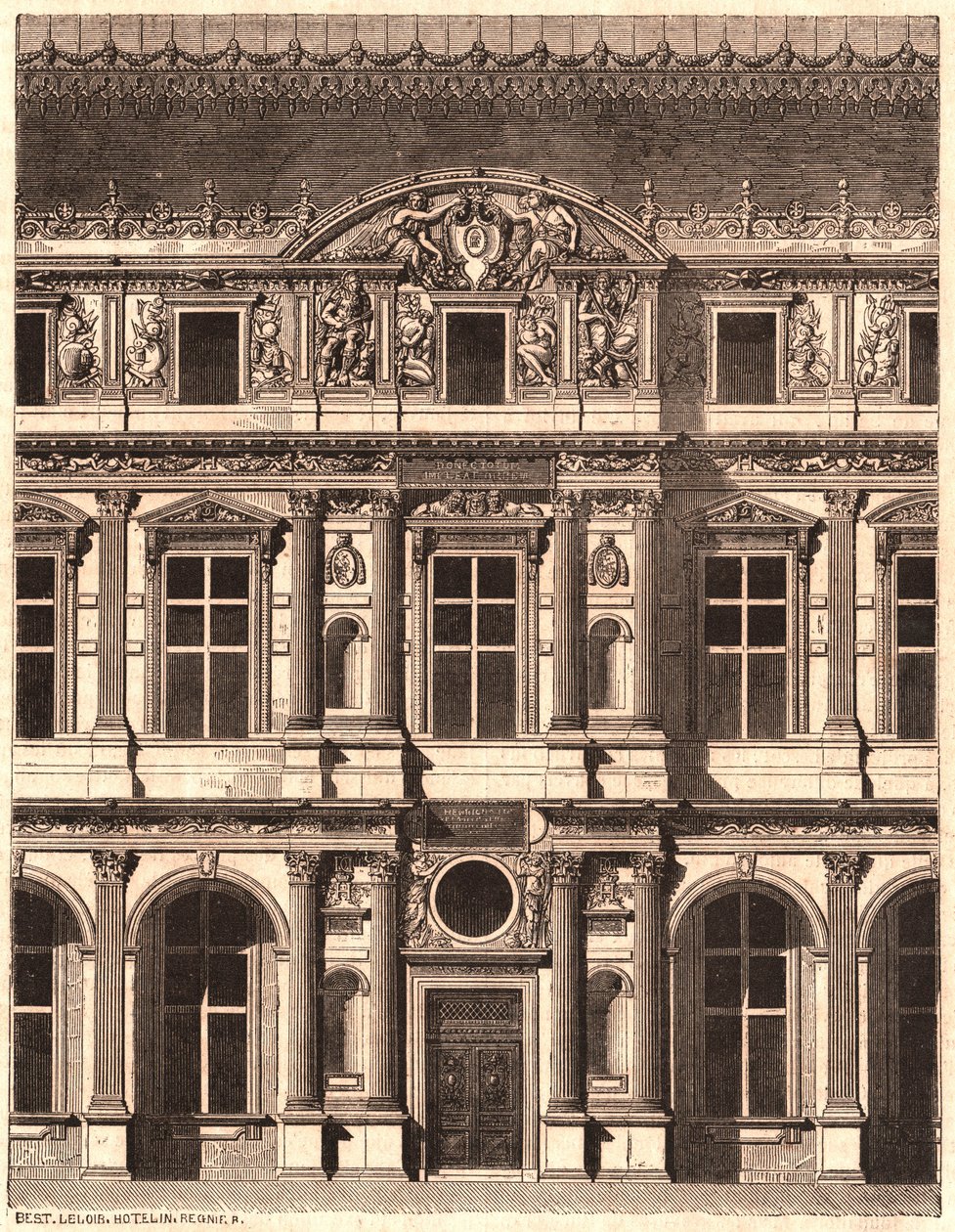 Utsikt over en del av fronten av gårdsplassen til Louvre, Paris, Frankrike av Unknown