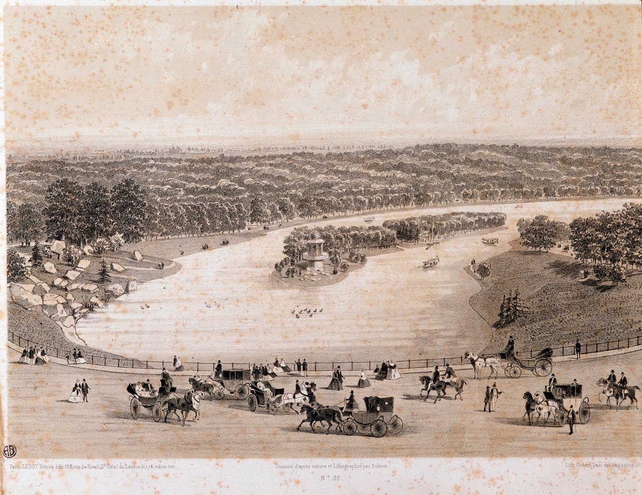 Utsikt over Bois de Boulogne i Paris. Litografi fra 1850. Privat samling av Unknown artist