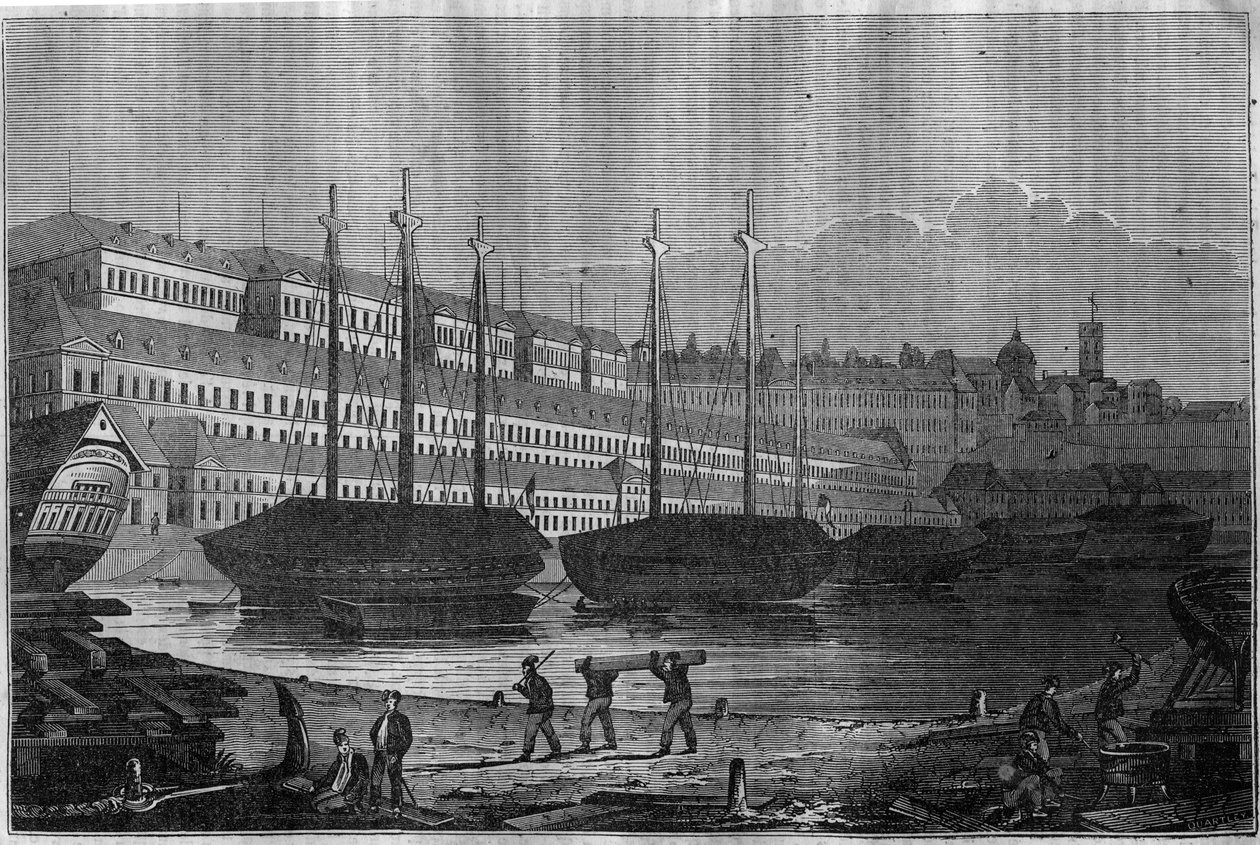Utsikt over Corderies, Bagne og tårnet til Saint Louis (Saint-Louis) i Brest. I "" Den pittoreske butikken"" 1835 av Unknown artist