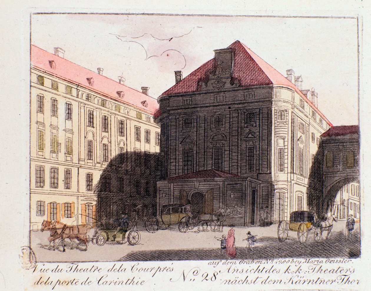 Utsikt over Court Theatre nær Kärntenporten (Karntnertortheater eller Theater am Karntnertor) i Wien hvor Beethovens 9. symfoni ble representert første gang 07.05.1824. Østerrike. Gravering fra 1815 privatsamling av Unknown artist