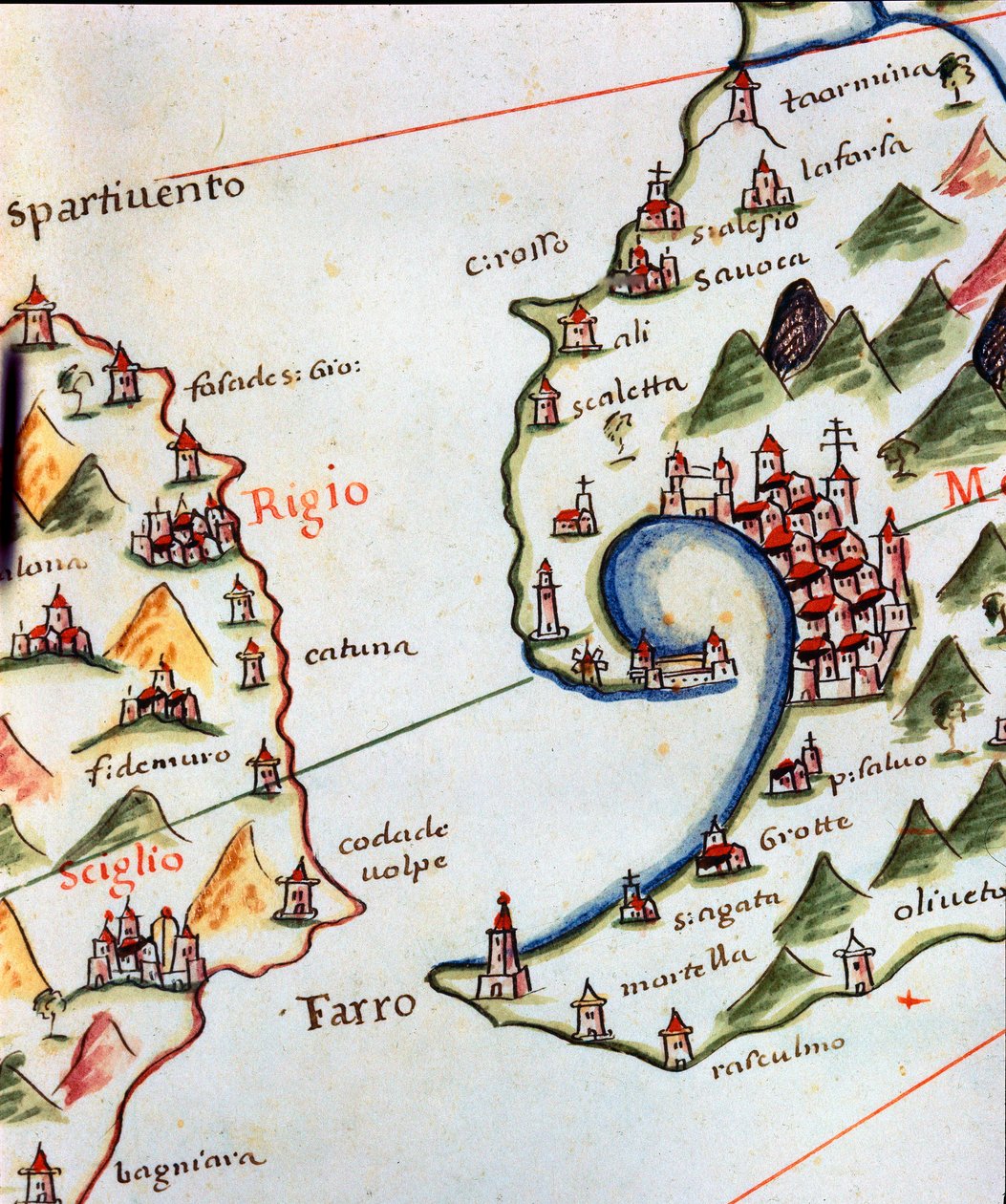 Utsikt over Detroit of Messina mellom Calabria og Sicilia i Italia. Detalj av portulan til Castellini av Unknown artist