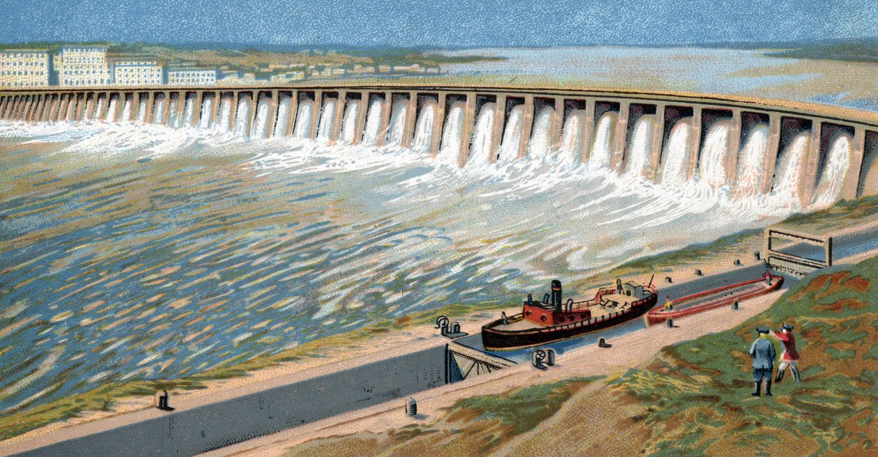Utsikt over Dnepr vannkraftverk eller Dneprostroi-demningen bygget for å stimulere sovjetisk industrialisering av Josef Stalin i 1932 Kromolitografi av Unknown Artist