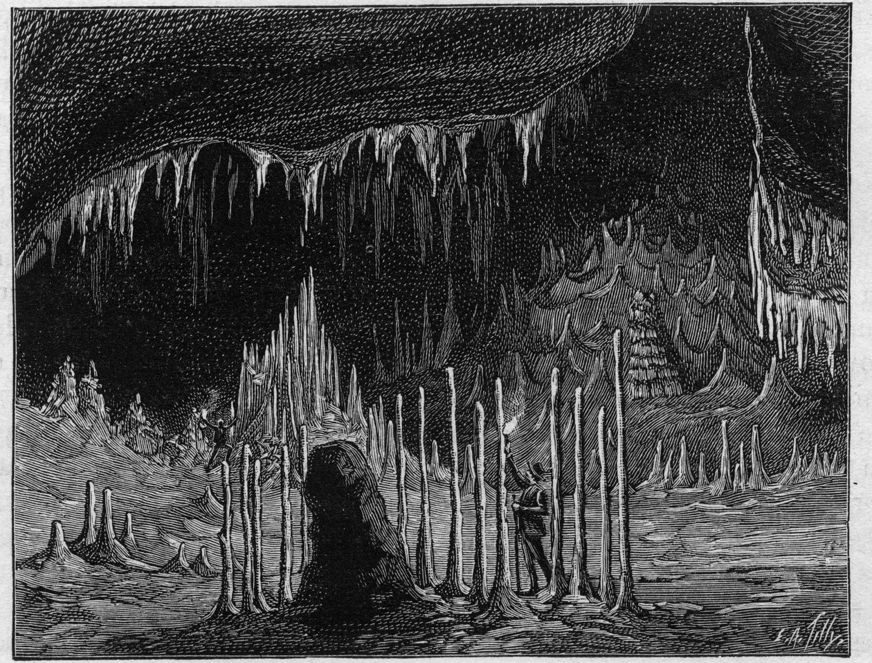 Utsikt over "Kirkens hall"" i hulen Dargilan (Lozere). Gravering i "" La Nature. Revue des sciences et de ses applications aux arts et a l'industrie” av Unknown artist