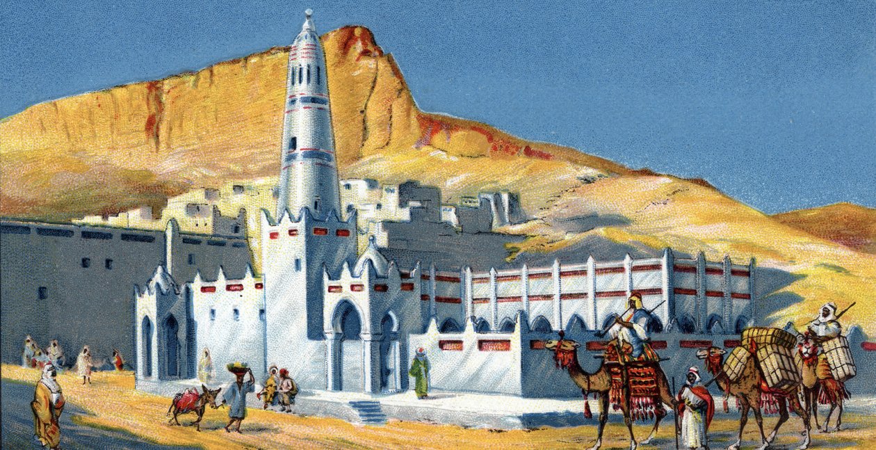Utsikt over Horeda-moskeen, Hadramaout-ørkenen, Jemen (Horeda-moskeen Hadramaut Jemen) kromolitografi fra 1930-tallet Privat samling av Unknown Artist